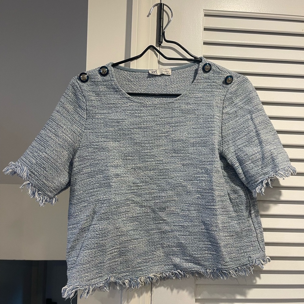 Zara Light Blue Textured Fringe Trim Top